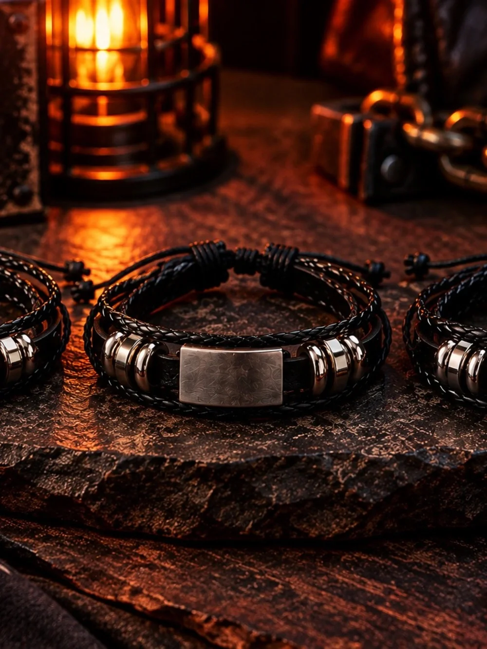 9 Pc Mens Black Braided Bracelet Lot Skull Biker Goth Punk Metal Accent